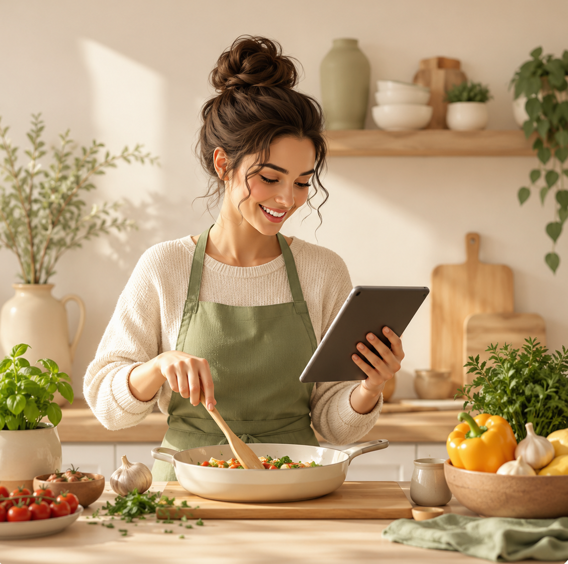 A family cooking together in a warm kitchen