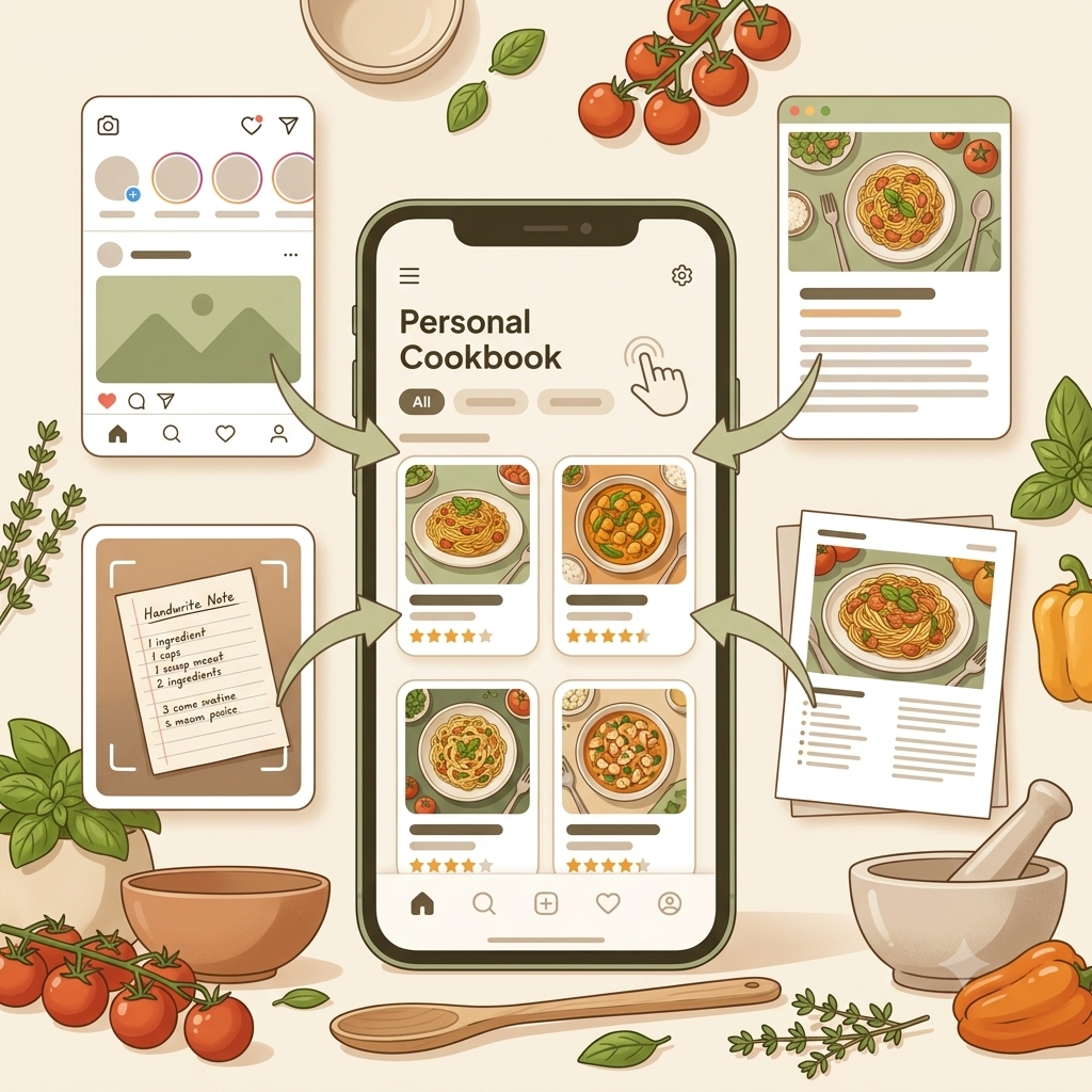A recipe being saved from a phone into a calm kitchen planning workspace